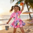 thumbnail image 2 of Girls' Swimsuit One Piece with Floral Leaf Print Ruffle Dress with Shorts for Kids Swimwear, 2 of 9