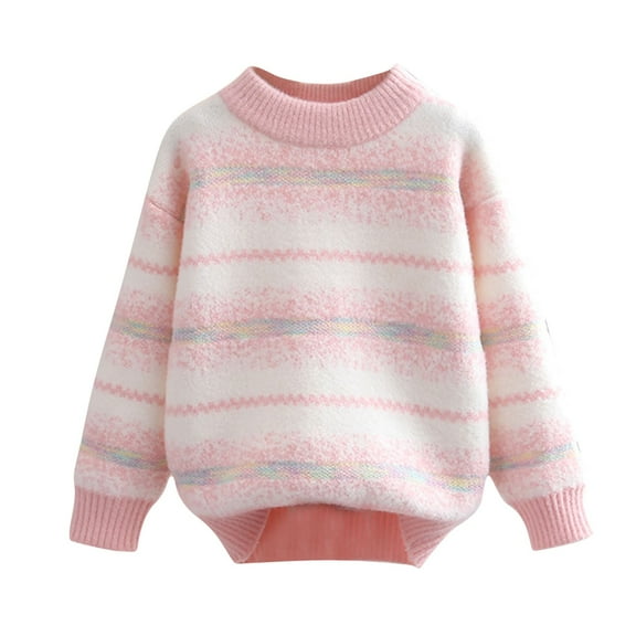 Ashirexll Girls Striped Knit Sweaters Fleece Lined Thickened Round Neck Pullover for 4-12 Years Fall Winter Comfortable