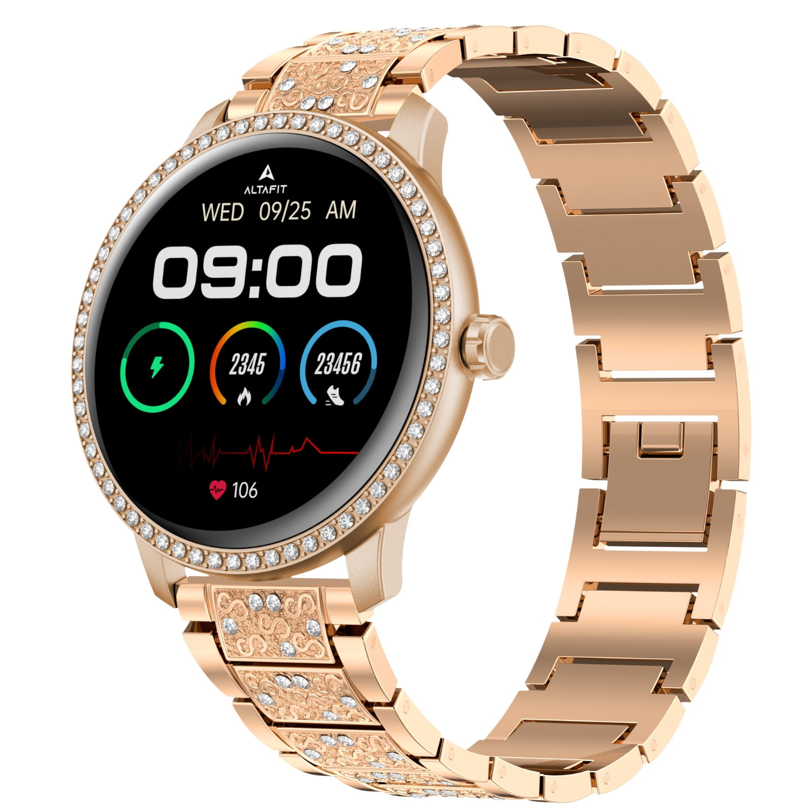AltaFit smartwatch 1.28' AF25B Round watch Superior Gold milanese band+RoseGold Bezel and bejweled style plus faux leather box in black PLUS EXTRA REMOVAL TOOLS