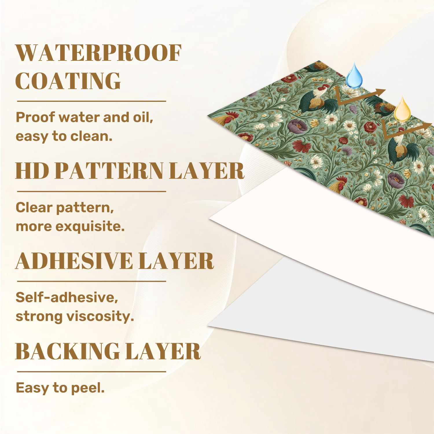 Peel and Stick Wallpaper 17.7in x 9.8ft Farmhouse Roosters Floral Elements Soft Pastel Hues Contact Paper Vinyl Waterproof Self Adhesive Wall Paper for Bedroom Shelf Cabinet Renter Friendly