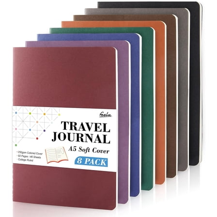 feela 8 Pack Soft Cover Journal Bulk, Notebooks College Ruled for Work, Lined Travel Journal for Students Women, Note Taking Notebook School Supplies Business Writing, 8.2” x 5.5”, A5, Vintage Colors