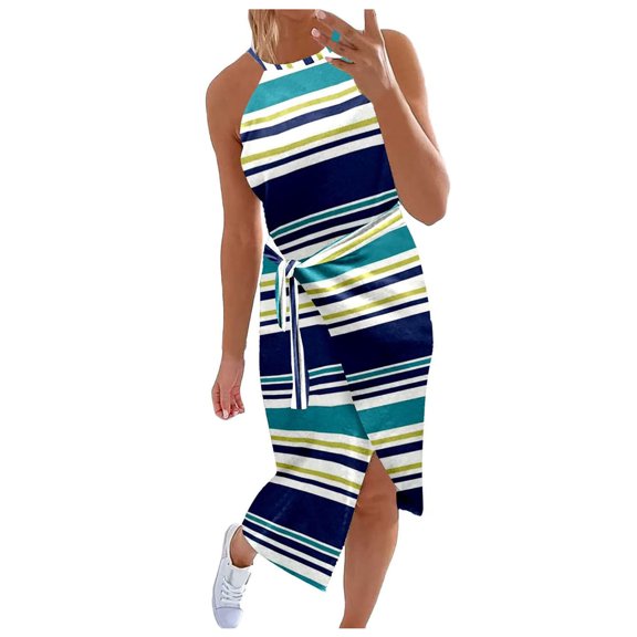 Henpk Summer Dresses for Women Striped T Shirt Dress Casual Midi Dress Short Sleeve Sundress with Pockets New Fashion Neck Sleeveless Striped Printing Leisure Dress Blue M