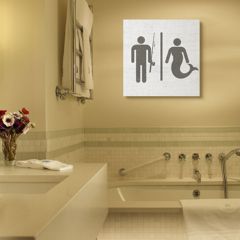 Stupell Industries Rustic Fisherman or Mermaid Bathroom Sign Grey White Canvas Wall Art Design by Daphne Polselli, 30" x 30"