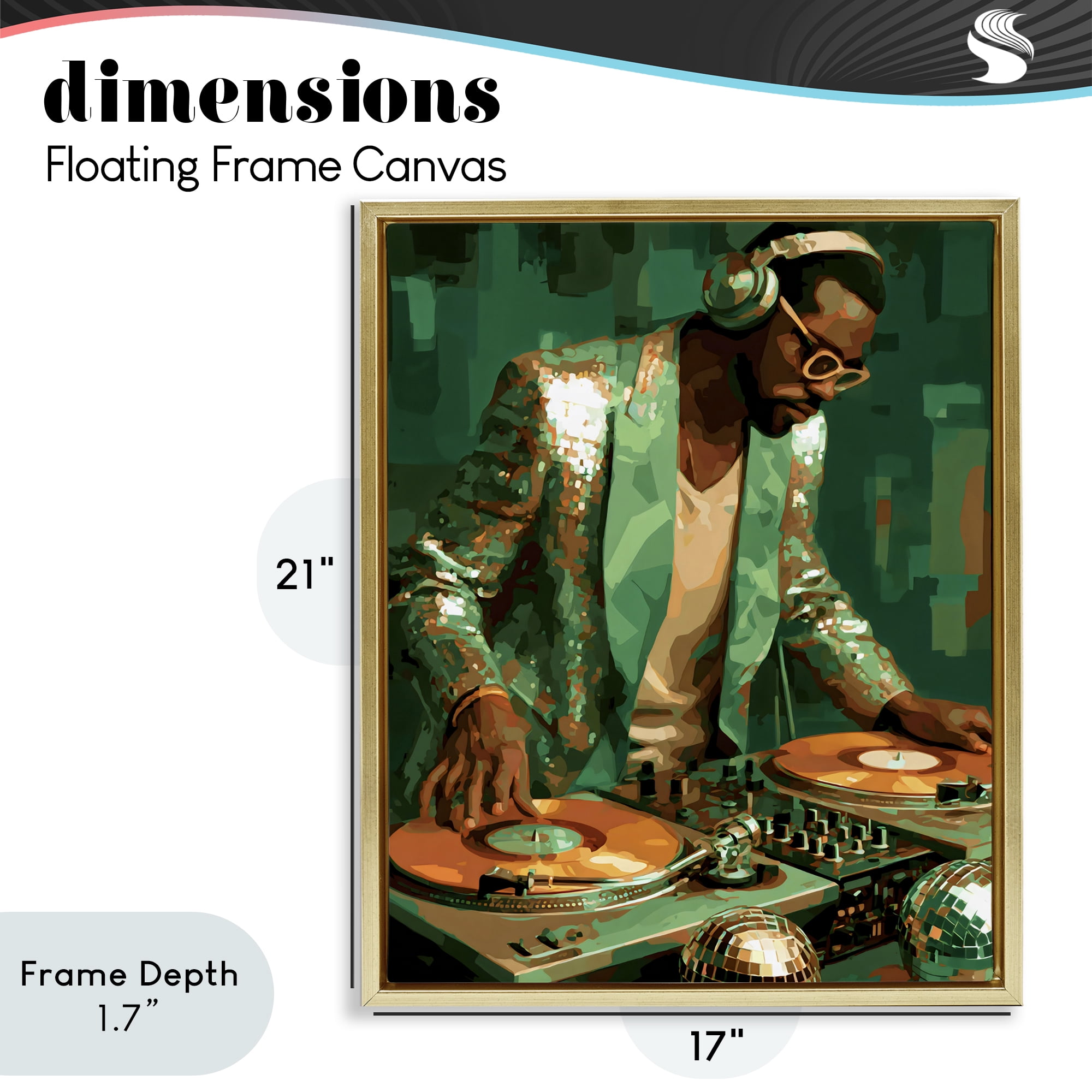 Stupell Industries Green Disco DJ Music Gold Framed Floater Canvas Wall Art, design by Franklyn Gregory