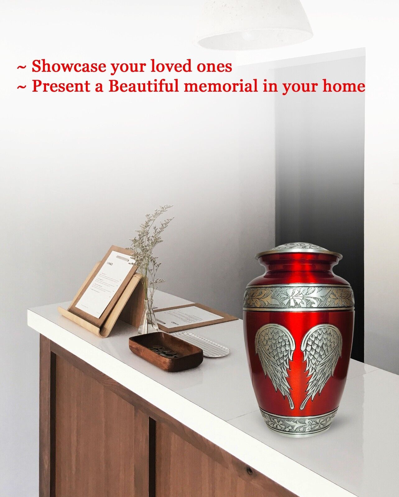 New Angle Wing Cremation Urn Red Engraved Funeral Jar for Human and Pet Ashes Size Large with velvet bag
