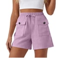 thumbnail image 2 of Guieoi Shorts for Women Plus Size Solid-Color Drawstring Pleated Button-Front Cotton-Linen Pocket Casual Capri Pants Purple 0 XL, 2 of 6