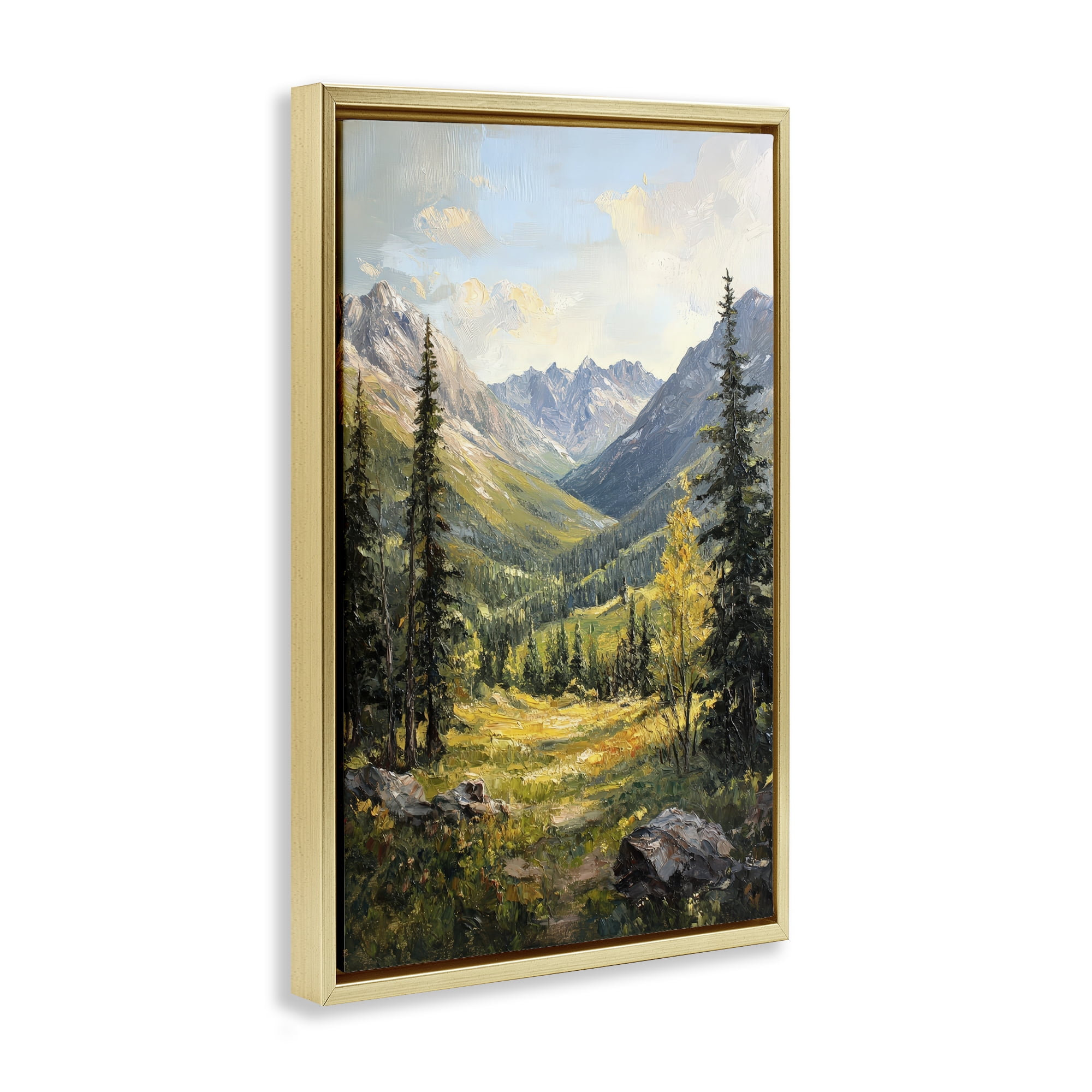Stupell Industries Mountain Refuge in Golden Valley Gold Framed Floater Canvas Wall Art, design by Petal Prints Design