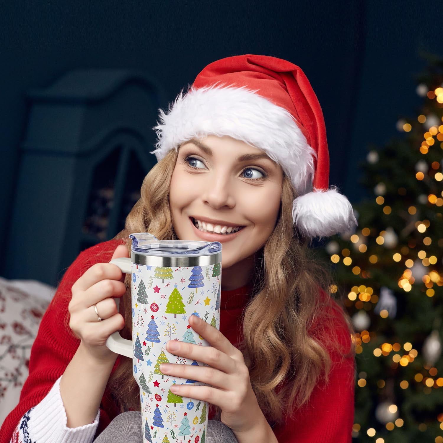 Christmas Tumbler 40oz Christmas Trees Tumbler with Lid and Straw Snowflakes Cup Xmas Insulated Coffee Mug Christmas Gifts for Women Men