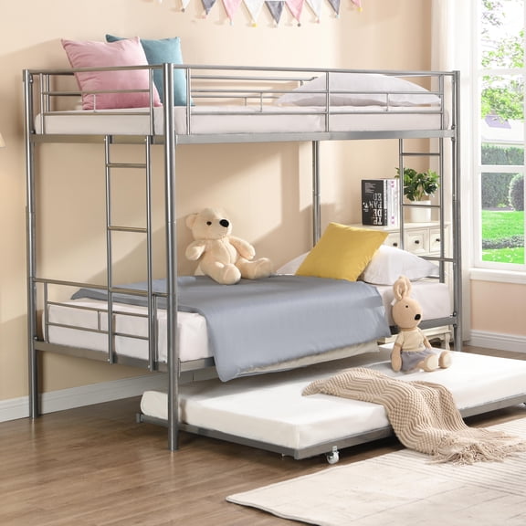 Kumix Bunk Bed with Trundle, Metal Bunk Bed Twin over Twin with Full-Length Guardrail and Build-in Ladder, Heavy Duty Bunk Bed Frame for 3 Teens Adults, Noise-Free, Easy Assembly, Silver