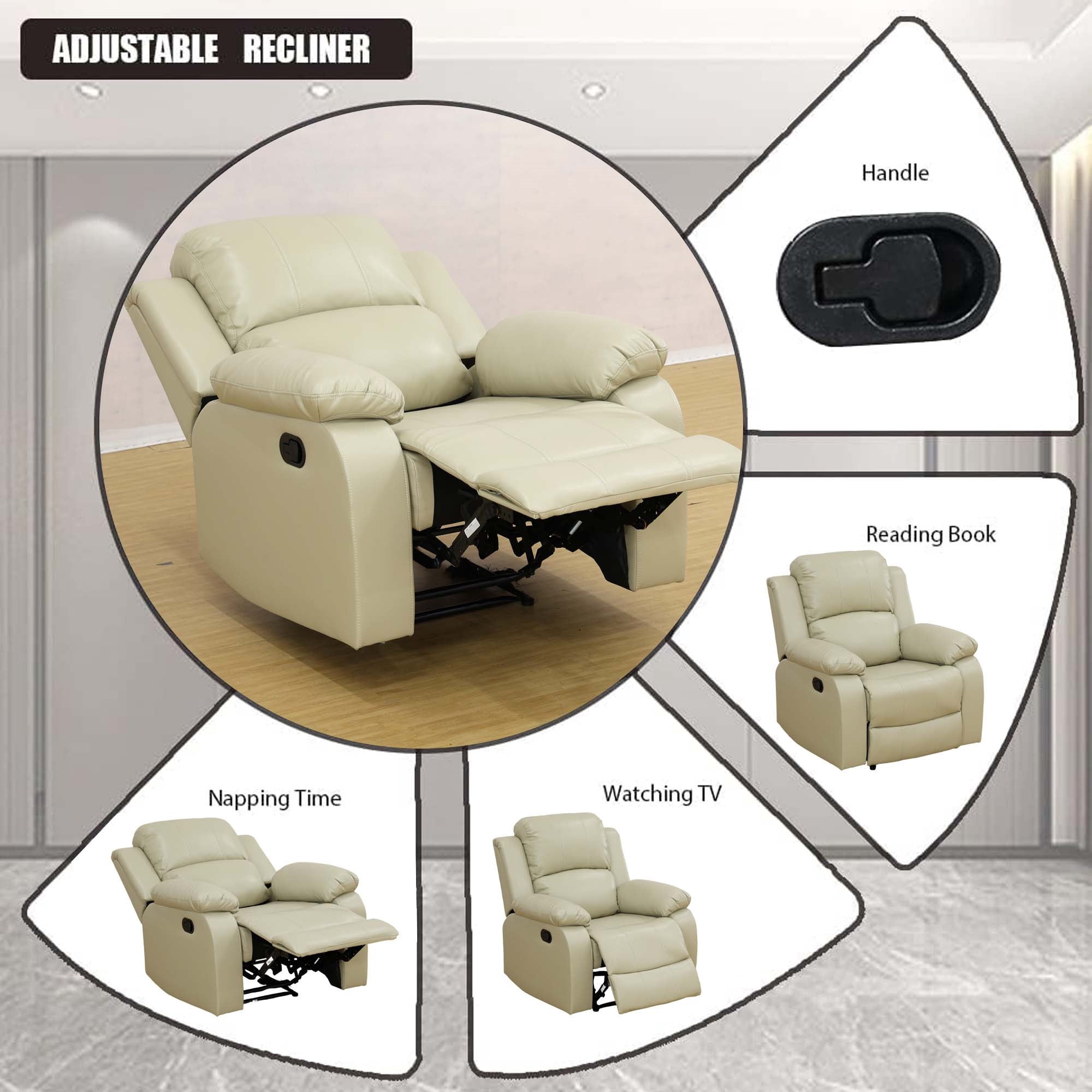 Aukfa Faux Leather Manual Recliner Chair Single Sofa Armchair for Living Room, Bedroom, Beige