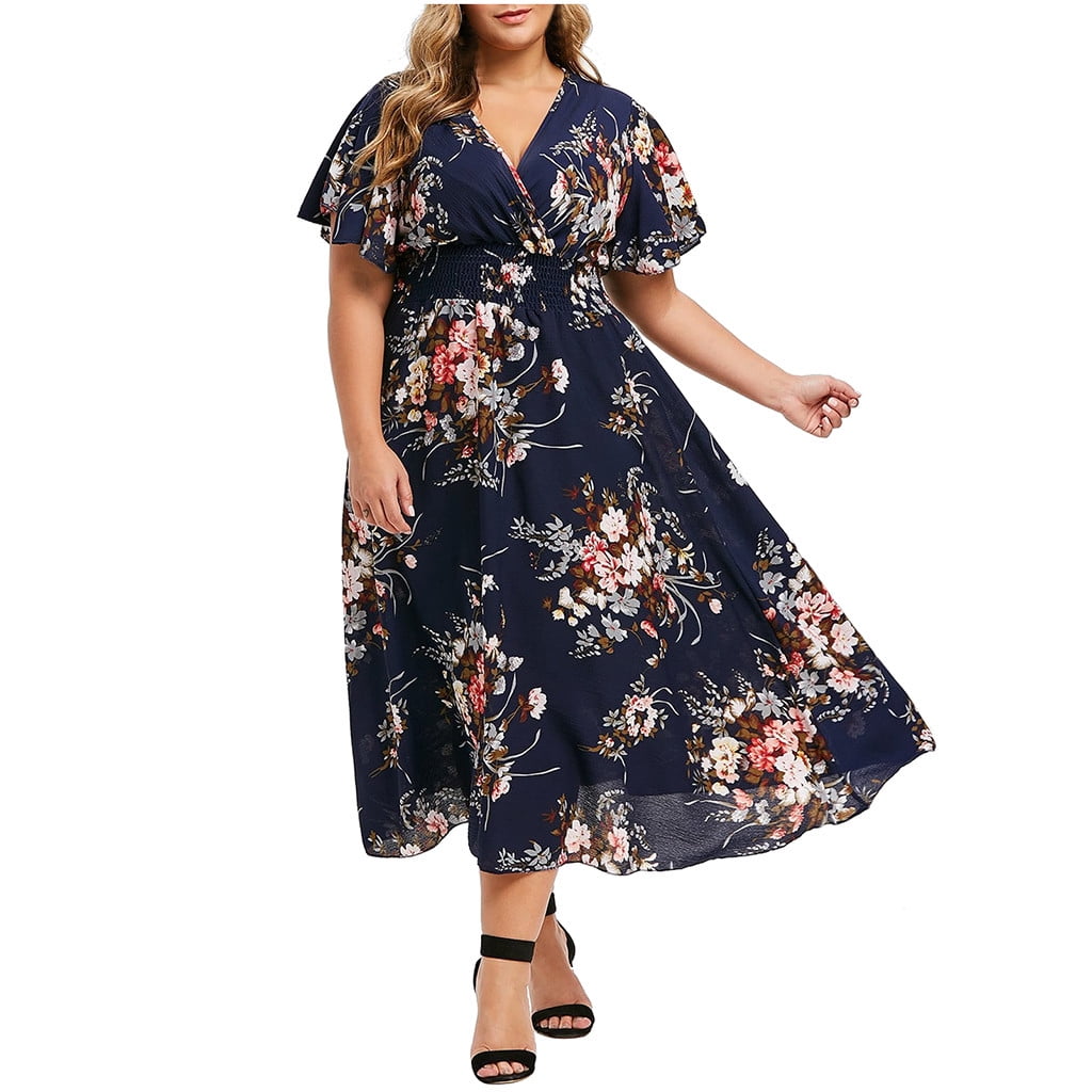 Aimik Party Dress Plus Size Long Dress Women Casual Short Sleeve Cold ...