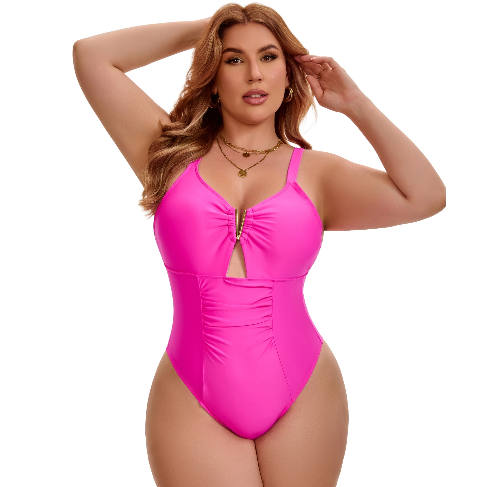 DARING DIVA Women's Plus 1 Piece V-Wire Cutout Push Swimsuit 4X Hot Pink