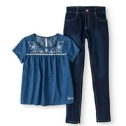 Girls' Embroidered Top and Stretch Denim Outfit Set