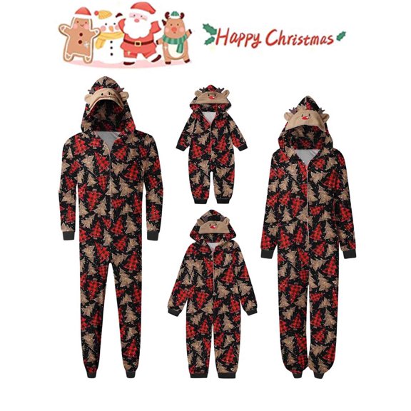 Sunisery Family Christmas Pjs Matching Sets Santa Print Jumpsuit Onesie with Hooded Christmas Pajamas for Family Holiday Xmas Sleepwear