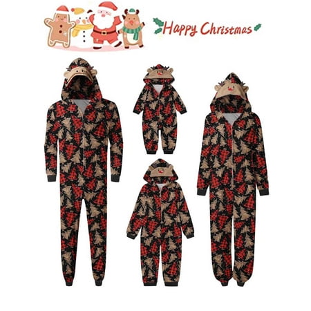 

Licupiee Family Christmas Pjs Matching Sets Santa Print Jumpsuit Onesie with Hooded Christmas Pajamas for Family Holiday Xmas Sleepwear