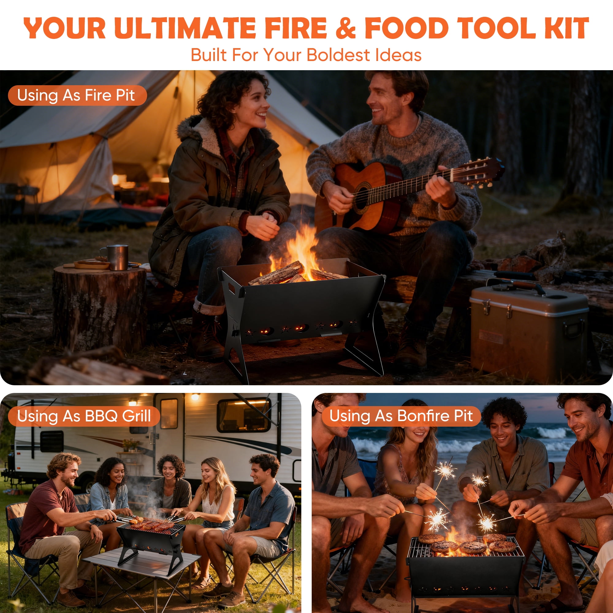 Coliware 3Pcs Portable Folding Charcoal Grill, Heavy Duty Multifunctional Campfire Grill with Carry Bag & Premium Grate for Camping, Fire Pit for Backpacking, Picnic, Patio, Backyard Outdoor Cooking