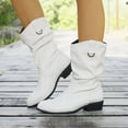thumbnail image 3 of Retro Slouch Wide Mid Calf Boots for Women Ruched Leather Pointed Toe Chunky Low Heel Dress Short Booties White Size 9, 3 of 6