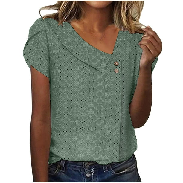 Camiseta de mujer de color liso con cuello en V, botones y mangas con flores, manga corta