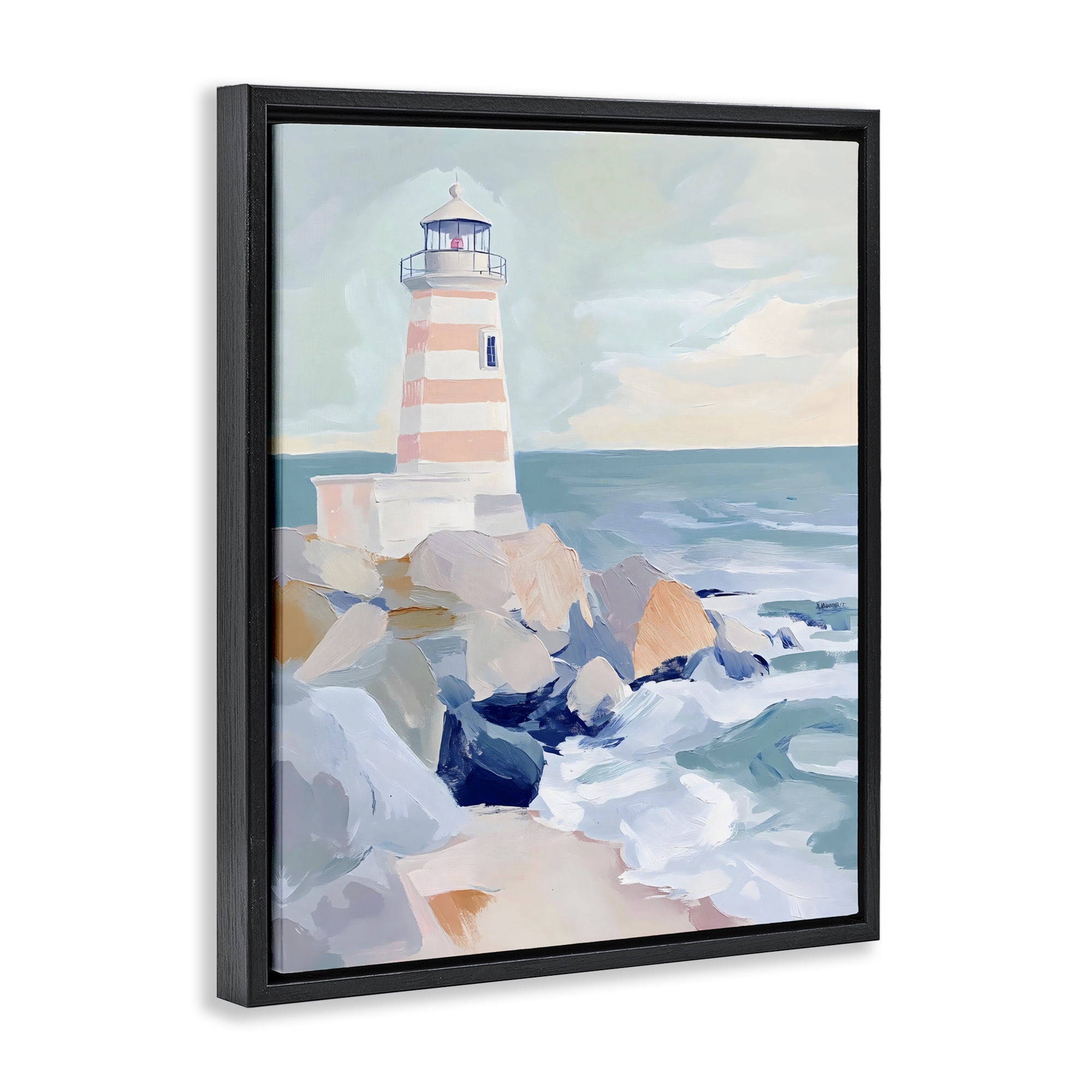 Stupell Industries Coastal Lighthouse in Pastels Black Framed Floater Canvas Wall Art, design by Creative Studio