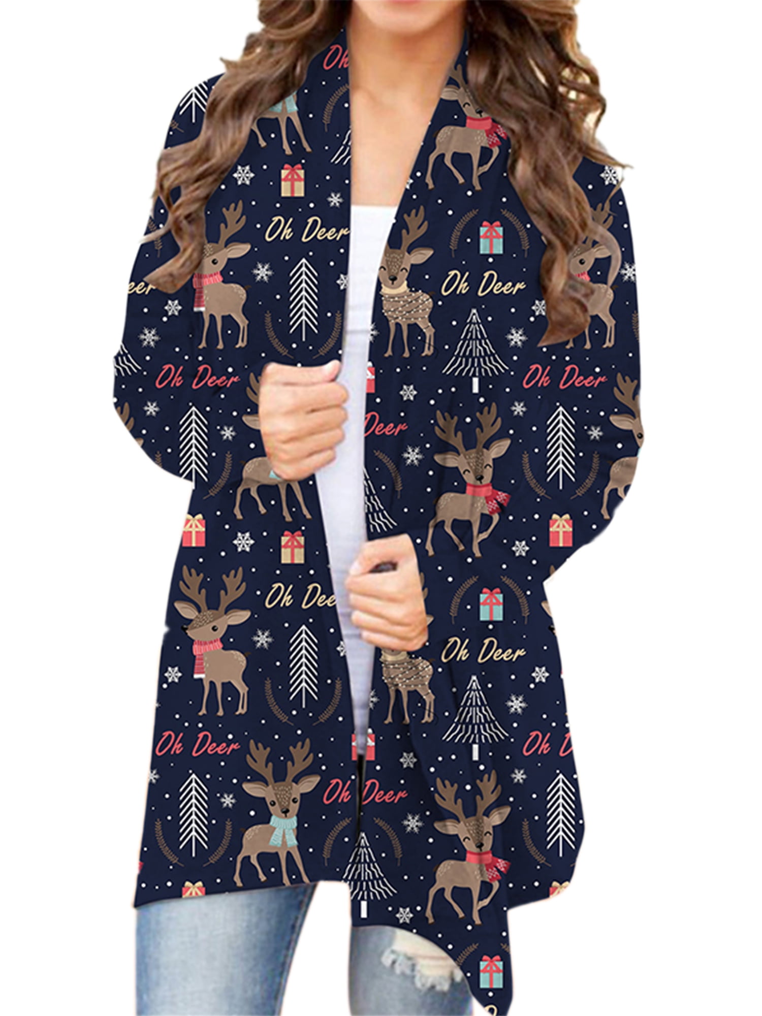 Womens Christmas Print Cardigan Casual Plus Outwear Autumn Winter Long Irregular Hem Coat - Walmart.com