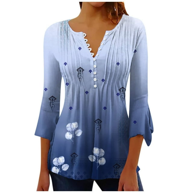 CEHVOM Women's Casual Trumpet 3/4 Sleeve Printed Buttoned Basic Ruched Tops Pleated T-shirts Blouses Clearance