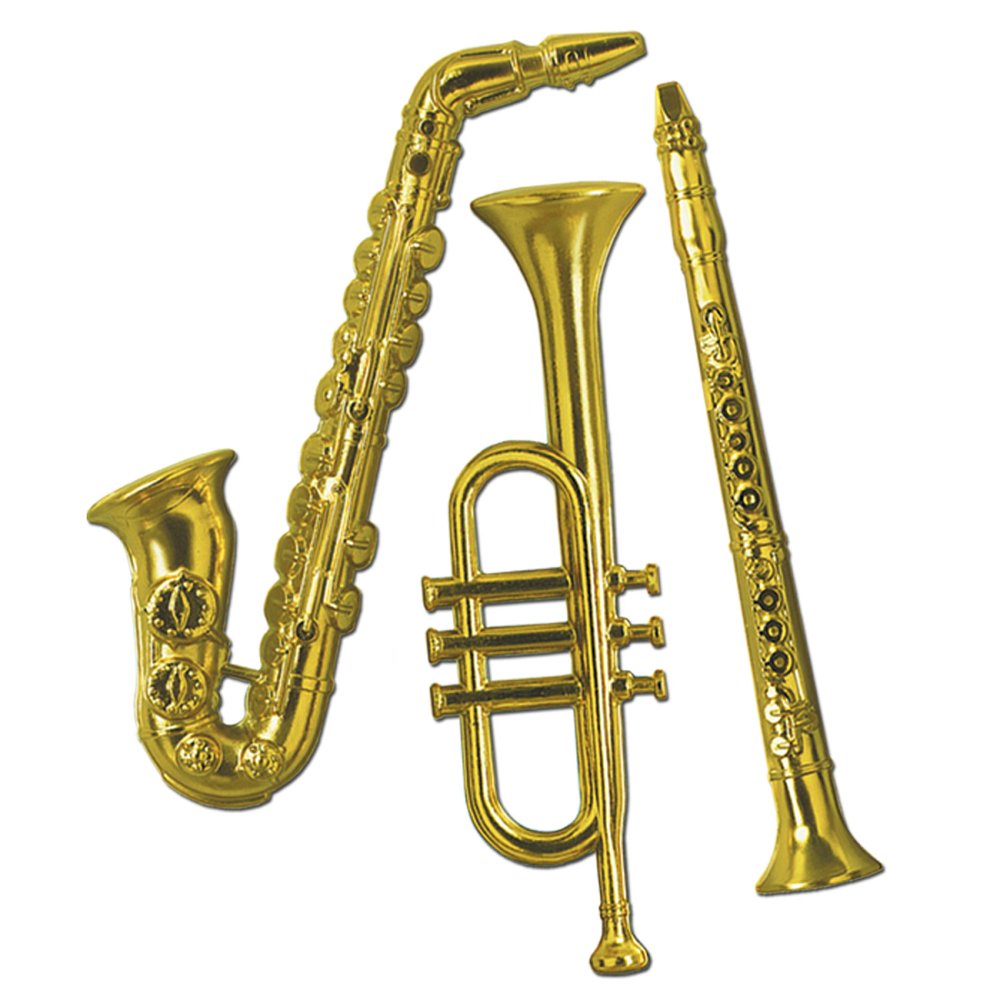 Club Pack of 36 Gold Plastic Musical Instrument Trumpet, Saxophone and