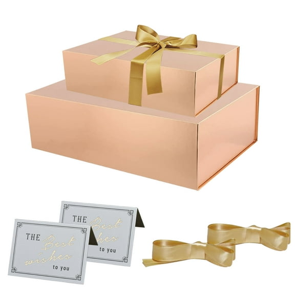 REJODA 2 Pack Christmas Gift Boxes with Lids Magnetic, Rose Gold Gift Box for Presents with Ribbon, Bridesmaid Proposal Box, Birthdays, Bridal Gifts, Luxury Gift Packaging for Women