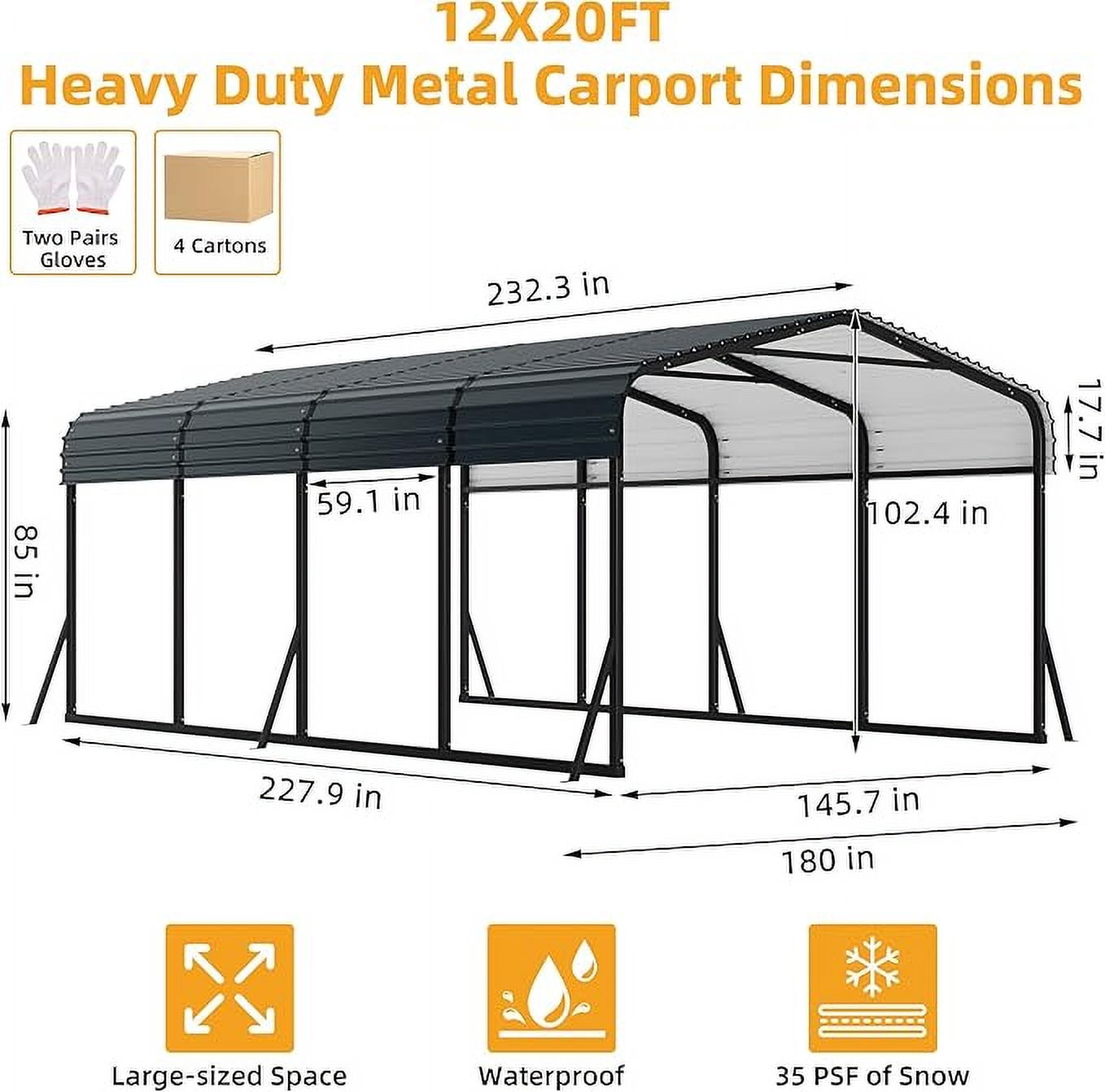 EastVita 12 x 20 FT Metal Carport with Galvanized Steel Roof,Heavy Duty Metal Roof Carport with Enhanced Base,Tall Kits Garage for Tractors,Trucks,Boats,Cars