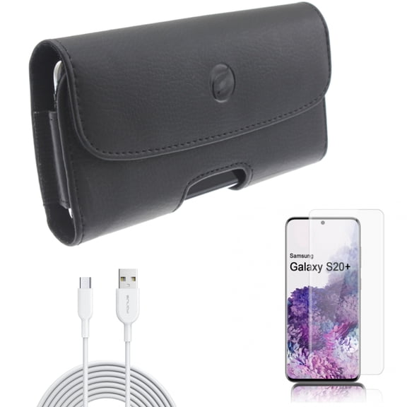 Screen Protector w 6ft USB-C Cable w Case Belt Clip for Samsung Galaxy S20 Plus - Tempered Glass [Fingerprint Unlock] 3D Curved Edge, Type-C Fast Charger Cord, Leather Holster fits Galaxy S20 Plus