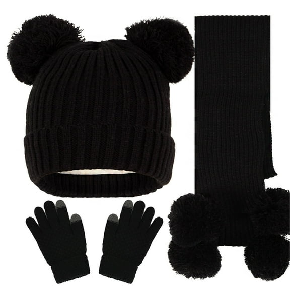 Cethrio Girls Hats Scarves Gloves Sets, Warm 3 Pcs Beanies Mittens and Scarf Set for Kids Black Size 5-12 T