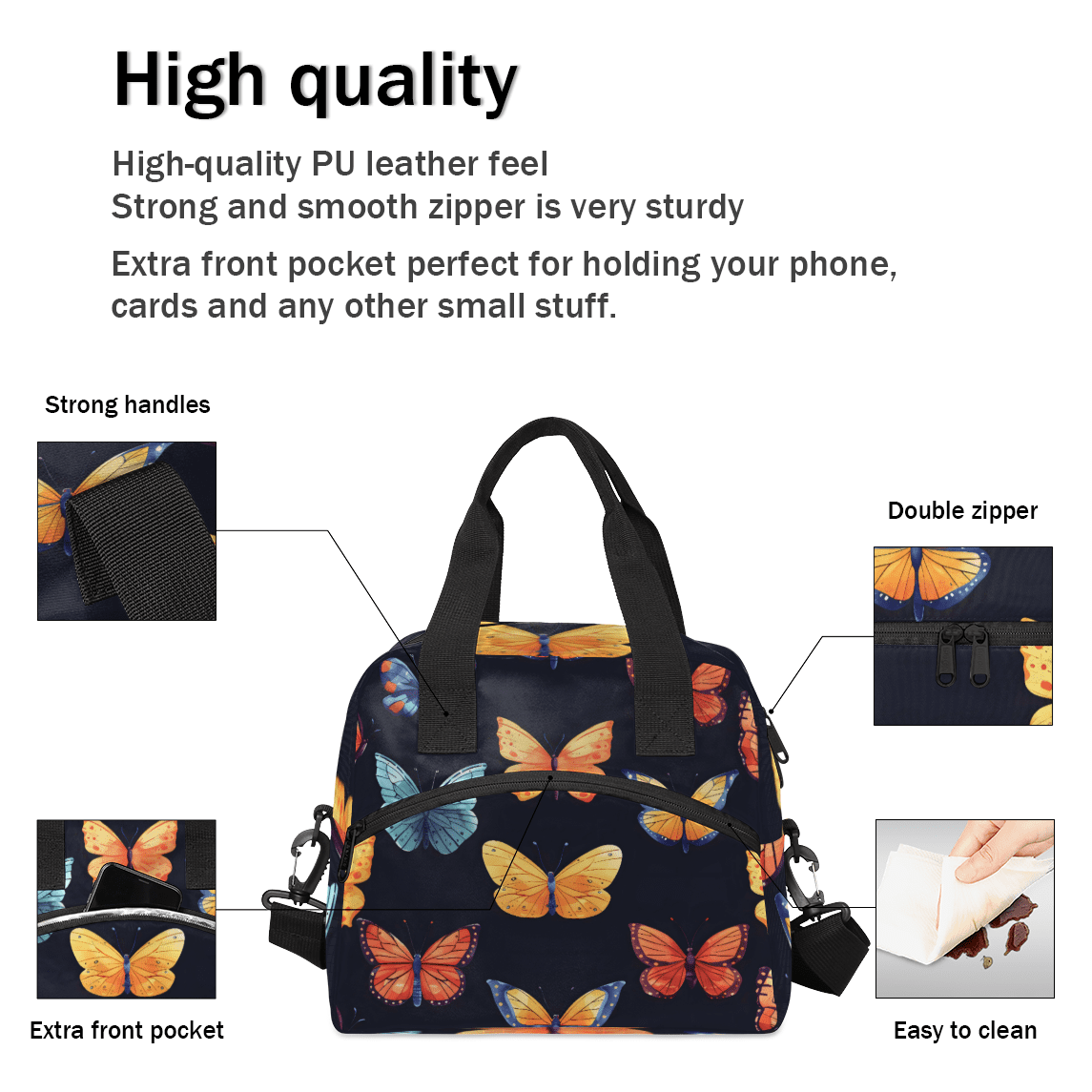Herdesigns Butterflies Insulated Lunch Bag for Women Men Adults Large Reusable Lunch Box Leakproof Portable Cooler Tote Bags with Adjustable Shoulder Strap