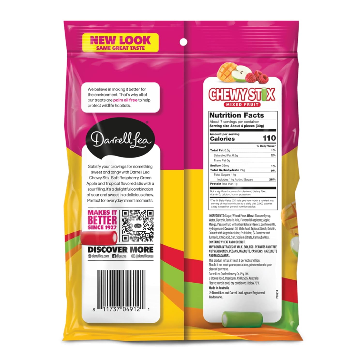Darrell Lea Fabulicious Mixed Flavor Sour Candy Stix, 7oz Bag, Pack of 8