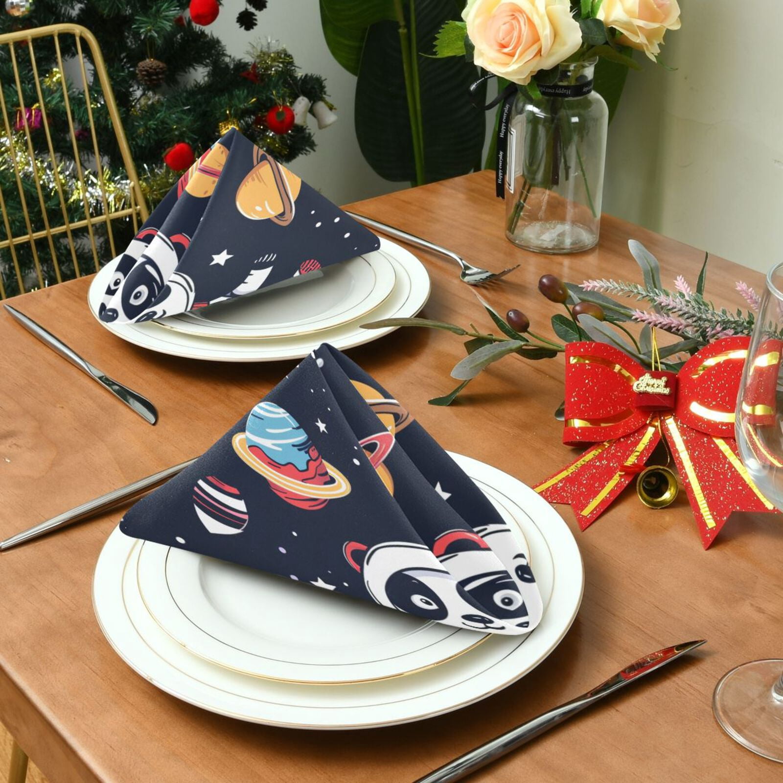 JSTEL Astronaut Panda Planet Cloth Napkins Set of 6, 20x20 Inch Washable and Reusable Napkin for Decoupage Dinner Party Everyday Use