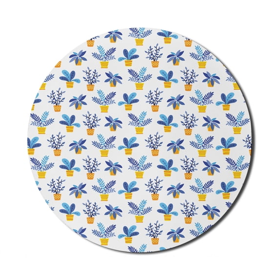 Botanical Mouse Pad for Computers, Plants in Pots with Zigzags Polka Dots or Stripes, Round Non-Slip Thick Rubber Modern Gaming Mousepad, 8" Round, Mustard Azure Blue, by Ambesonne