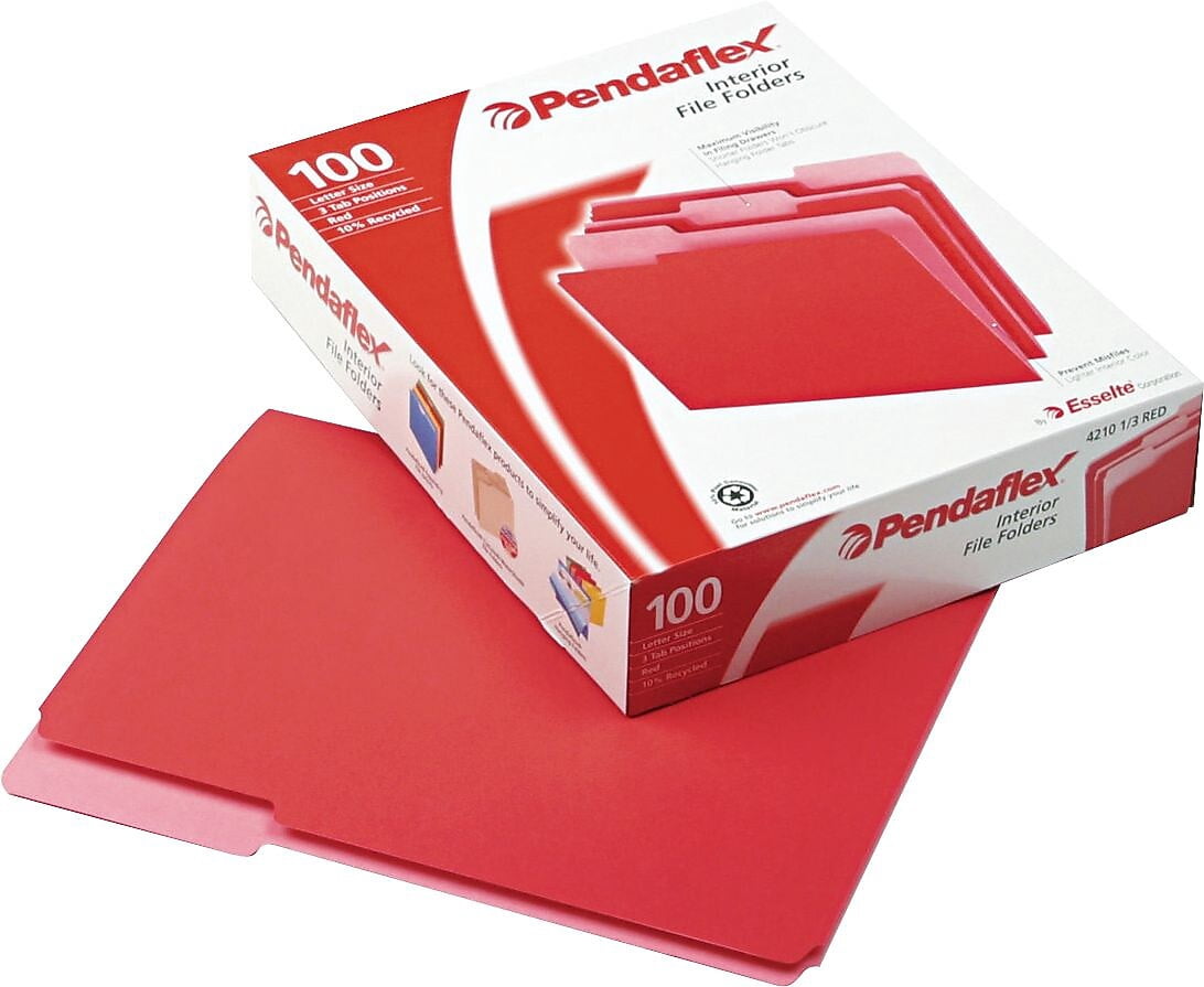 Pendaflex Interior File Folders 1/3 Cut Top Tab Letter Red 100/Box 421013RED