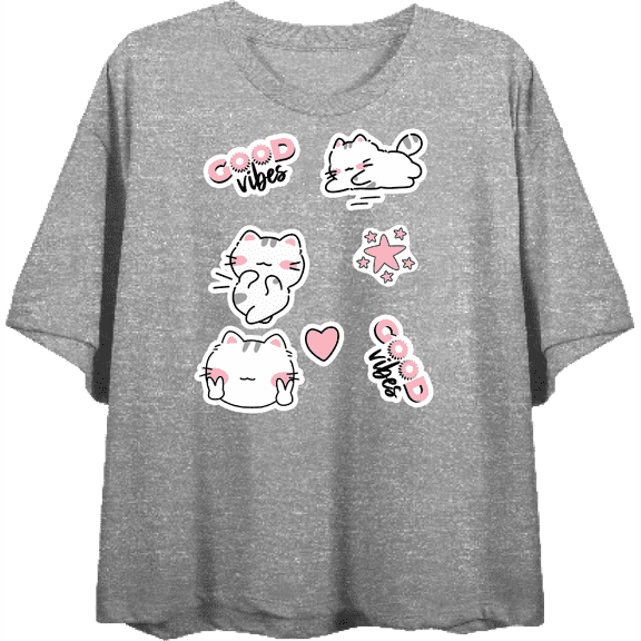 Good Vibes Cat Stickers Women's Heather Gray Crew Neck Short Sleeve Top-Large