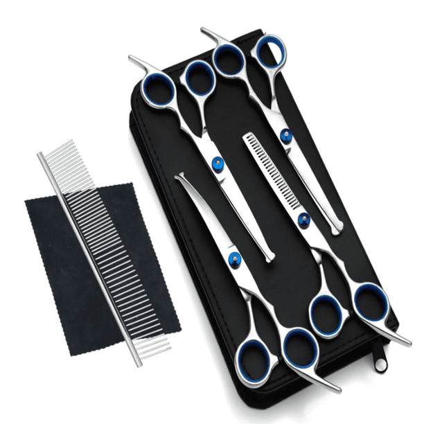 Tijeras para perros, juego de 5 piezas de herramientas de aseo para mascotas en acero inoxidable con revestimiento de titanio, tijeras de entresacar/rectas/curvas y peine, color azul.