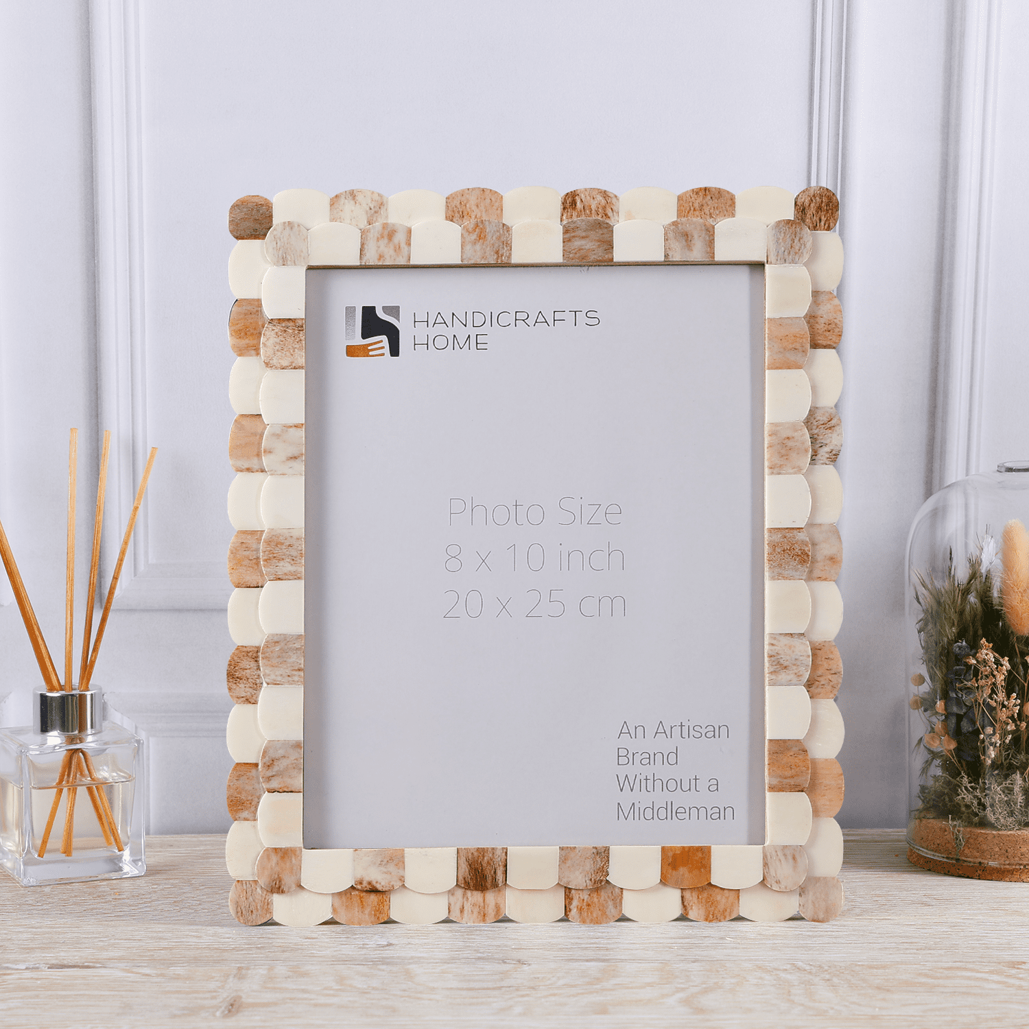 Handicrafts Home 8x10 Brown Picture Frame, Handmade Scallop pattern Bone inlay Photo Frame for Wall & Tabletop, Boho Farmhouse Home Decor, Gallery Wall & Desk Decor, Family Picture Frame Fall decor