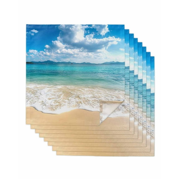nqOlkjepod Ocean Beach Cloth Napkins Set of 8 Reusable Dinner Napkins, Blue Sky Waves Sand Horizon Shore Summer Cocktail Napkin Washable Table Napkins for Wedding/Holiday Party/Baby Shower 20"x20"