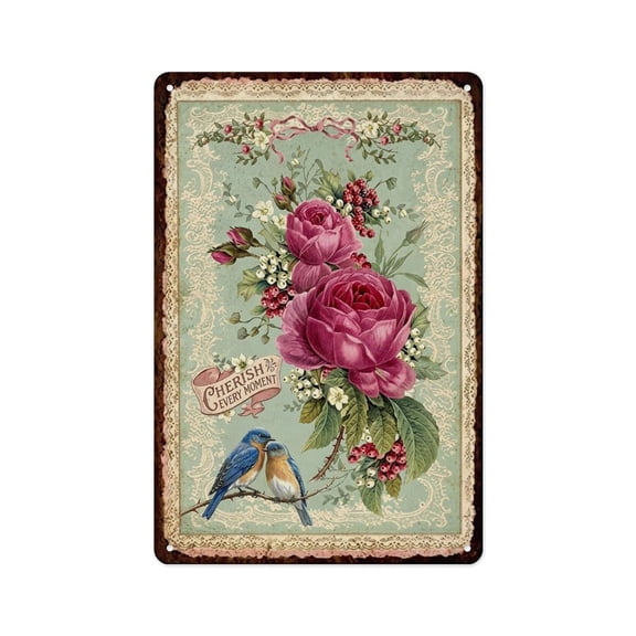 Vintage Roses & Blue Birds Print Metal Tin Sign Wall Decor Wall Art Vintage Room Decoration Tin Painting Poker Room Poster for Home Man Cave Bar Cafe Store Garage Or Club 12x8 Inches