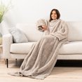 thumbnail image 2 of PAVILIA Fluffy Blanket with Sleeves Women Men Adults, Wearable Blanket Plush Soft Fuzzy, Snuggle Pocket Sleeved TV Throw, Sherpa Fleece Warm Cozy Shaggy Gifts Ideas Mom Wife, Taupe Tan, 2 of 9