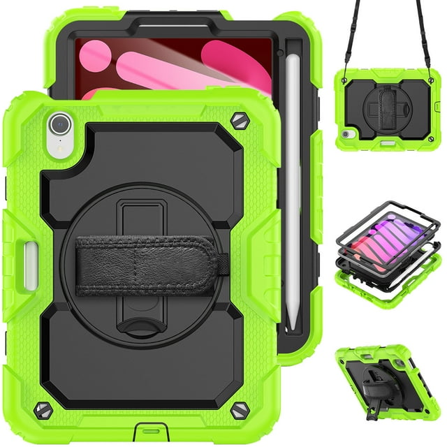 Case for iPad Mini 7 A17 Pro 2024/Mini 6 2021 8.3 Inch 7th/6th Gen with Screen Protector, 360 Degree Rotating Kickstand Hand Strap Shockproof Cover with Shoulder Strap, Lime