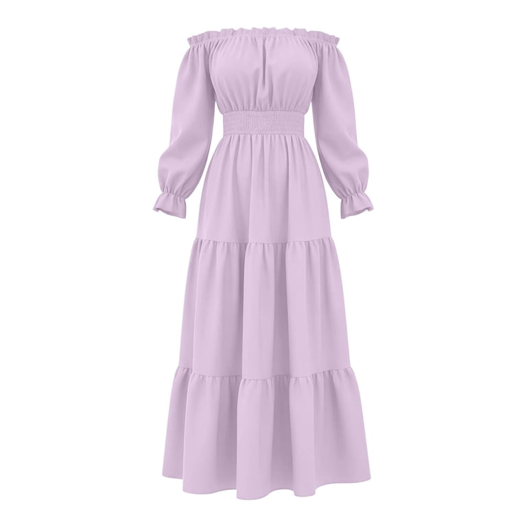 Women's 2026 Boho Off Shoulder Wedding Guest Dress Long Sleeve Smocked High Waist Side Split Flowy Line Tiered Long Maxi Dress(Light Purple,XXL)