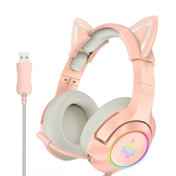 ONIKUMA ONIKUMA K9 Gaming Headset with RGB Lighting, Detachable Cat Ears, Virtual 7.1 Surround Sound, Noise-Canceling Mic, USB Plug & Play, Volume Control, Pink