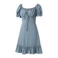 thumbnail image 3 of Franhais Women Summer Dress, Short Puff Sleeve Jacquard Dot Plain Low Cut Short Dress, Ladies High Waist Ruffle Hem Outfits, 3 of 9