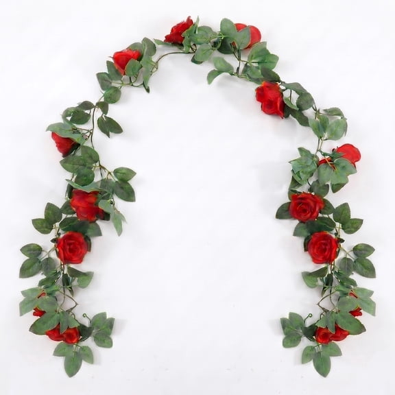 7.5FT Artificial Rose Vine Garland - 16 Flowers Each,Red Fake Flower for Wedding,Home,and Garden Decor,2 Pcs