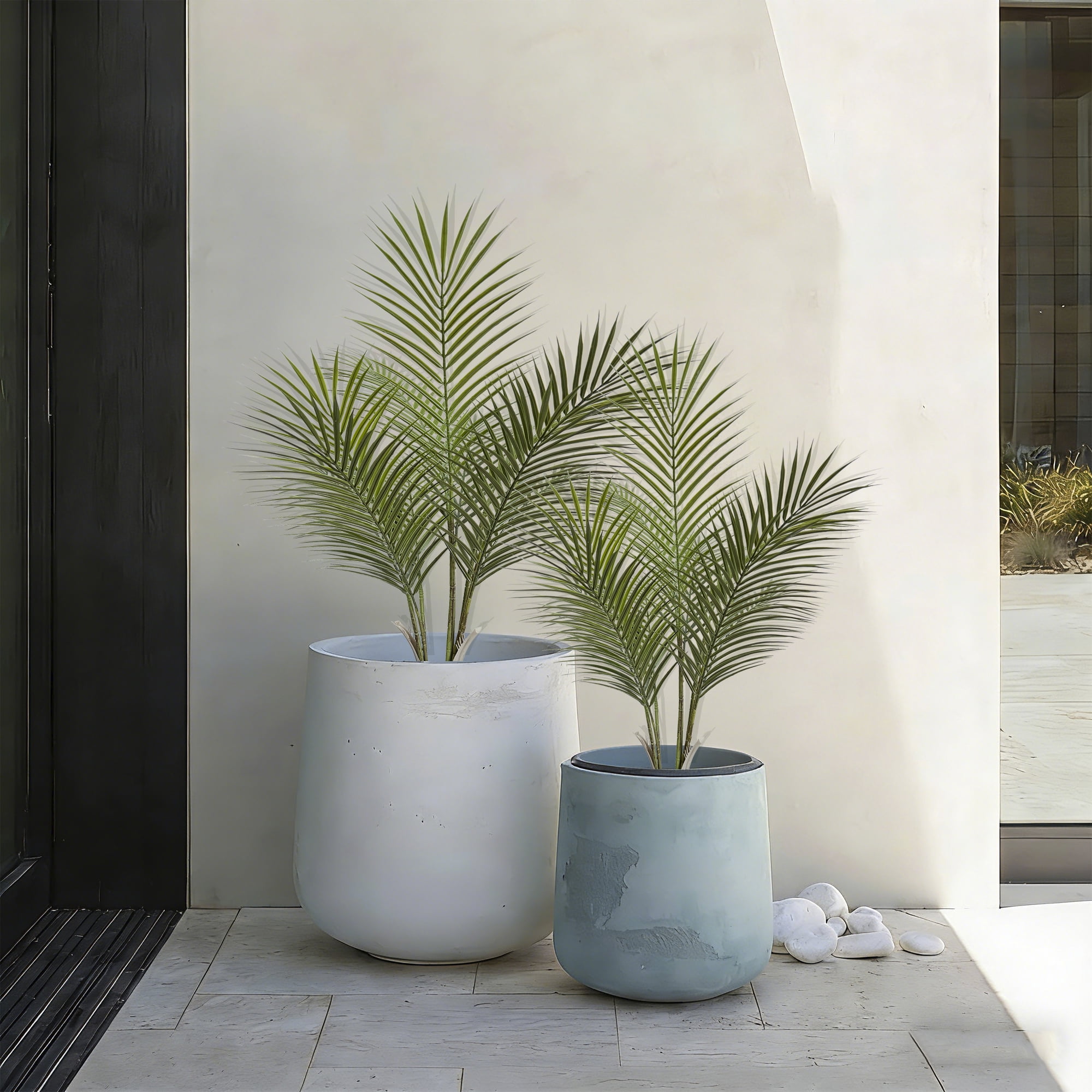 2.6ft Artificial Areca Palm Tree(2 Pack), Pre-Potted Fake Palm Plant for Home Decor,Fake Tropical Plant for Indoor/Outdoor Home Decor, Lifelike Faux Greenery with No Upkeep.