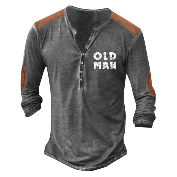 Men'S Printed T-Shirt Outdoor Retro Button Loose Long Sleeve TopM