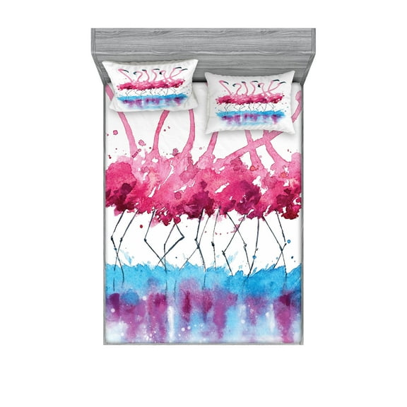 Ambesonne Animal Fitted Sheet & Pillow Sham Set, Flamingo and Bird, Full, Pink Blue Purple