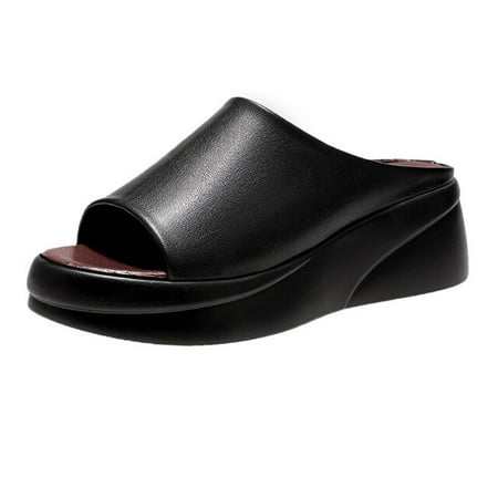 

QWZNDZGR Rimocy 2022 Summer Women s Thick Bottom Slippers New Fashion Black White PU Leather Platform Sandals Woman Peep Toe Beach Slides